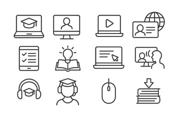 Online education icons display various learning methods and digital tools for academic success in a modern learning environment