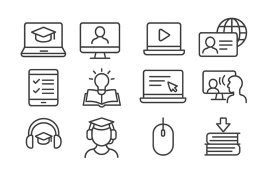Online education icons display various learning methods and digital tools for academic success in a modern learning environment