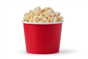 Fresh popcorn in red paper bucket isolated on white background, perfect for movie time or snack cravings with light and fluffy texture that looks delicious and inviting