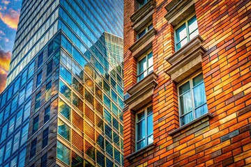 Fototapeta premium Double Exposure: Brick Skyscraper Facade Textures - Urban Architectural Photography