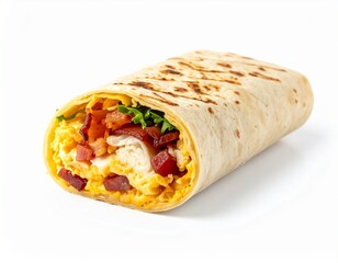 Close-up of a stuffed, toasted wrap, showing filling of bacon bits, scrambled eggs, and greens