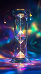 Prismatic hourglass reflecting colorful light patterns creating illusion