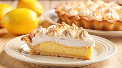 A single slice of lemon meringue pie on a white plate, with whole lemons in the background
