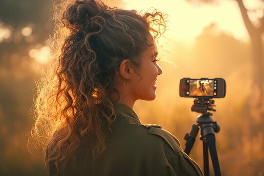 Woman capturing a vibrant sunset on her smartphone by the waterfront, with colorful sky reflecting on the calm water below.