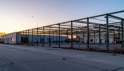Abandoned Industrial Structure with Steel Frame at Sunrise