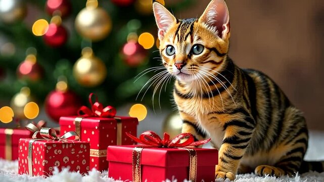 Toyger cat posing near christmas presents and tree with bokeh effect
