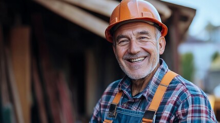 Happy senior construction worker smiling outdoors wearing hard hat man job site gear blue tools plaid