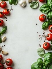 Fresh ingredients arrangement on textured background flat lay tomatoes basil garlic herbs for cooking Italian cuisine