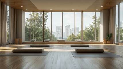 Fototapeta premium Serene Yoga Studio Interior with City View and Natural Light for Meditation and Wellness Activities