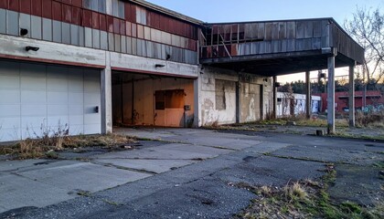 Obraz premium Abandoned Warehouse Exterior with Overgrown Vegetation at Dusk