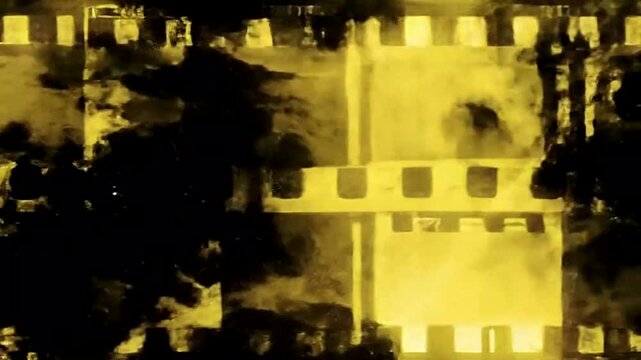 Yellow film burn with lens flares and light leaks, featuring dynamic film rolling and overexposed strips. Retro 16mm and 35mm tape texture in 4K for vintage cinematic effects.
