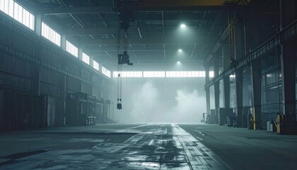 Abandoned Industrial Warehouse with Dramatic Lighting and Mist Effects