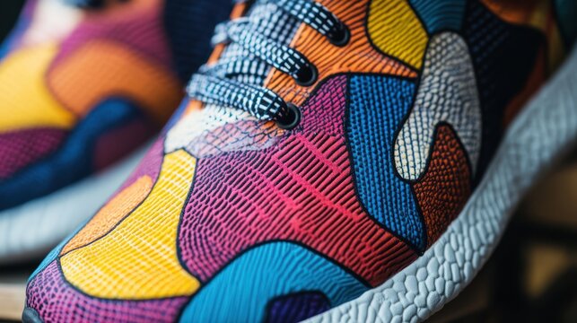 Intricate patchwork athletic shoe showcasing vibrant color blocking - Powered by Adobe