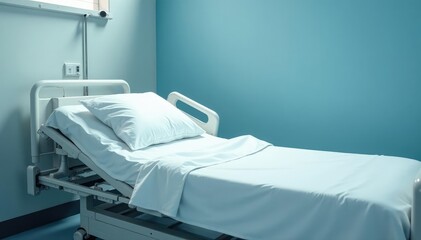 Empty hospital bed, crisp white sheets, ready for a patient Clean, sterile environment , medicine, medical equipment