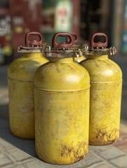 Three weathered, yellow fuel or gas containers