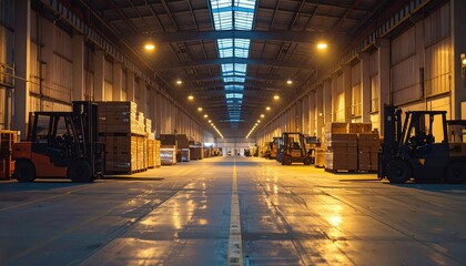 Industrial Warehouse Interior with Forklifts and Stacked Pallets