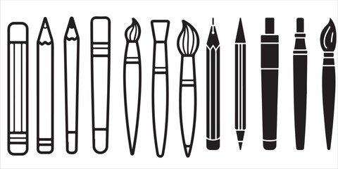 collection of pen pencil marker paintbrush black vector silhouettes, icon	