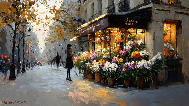 A woman is standing in front of a flower shop