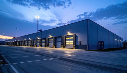 Modern Industrial Warehouse at Dusk with Bright Exterior Lighting