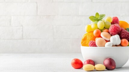 A colorful assortment of fruits and candies in a bowl, set against a light, textured background, promoting a fresh and vibrant feel.