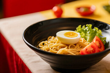 Instant fried noodles. Noodles without soup plus soy sauce. Served in a black bowl with boiled egg, tomato, and lettuce.