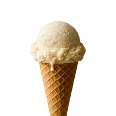 Delicious vanilla ice cream scoop served in a crunchy waffle cone, isolated on transparent background. Perfect dessert image for food advertising, menu design, and summer concept promotions
