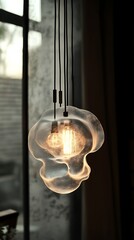 Pendant lamp with sculptural glass shade in a modern interior setting near window