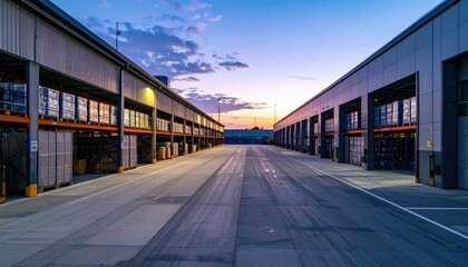 Sunrise Over Industrial Warehouse with Clear Sky and Empty Road