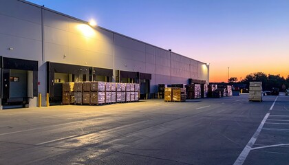 Obraz premium Industrial Warehouse Loading Dock at Dusk with Stacked Pallets