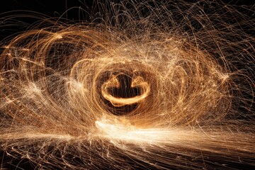 Artistic long exposure shot of swirling sparklers behind a carved jack-o&rsquo;-lantern