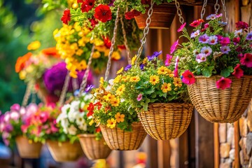 Obraz premium Eco-Friendly Hanging Flower Baskets: Botanical Texture & Spring Blooms