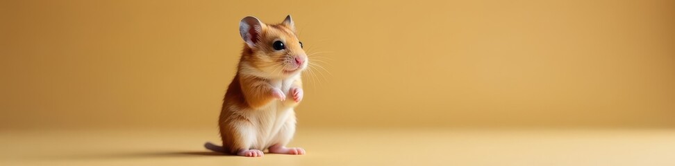 Tiny hamster balanced upright, paws together, fluffy fur, happy, paws, isolated