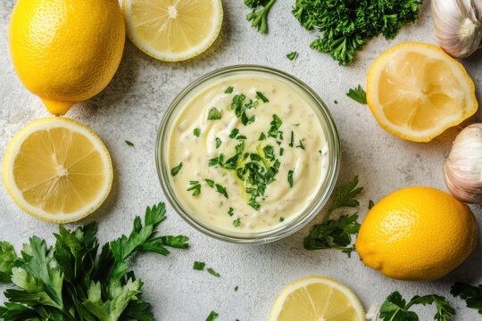 Overhead shot of creamy lemon sauce with fresh parsley in glass bowl surrounded by lemons and garlic on a textured surface - Powered by Adobe