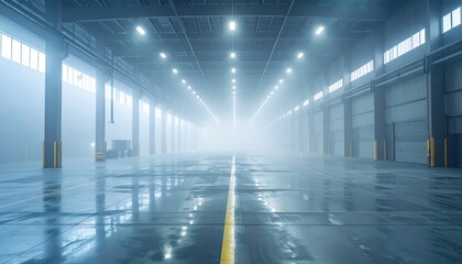 Spacious Industrial Warehouse with Fog and Bright Ceiling Lights