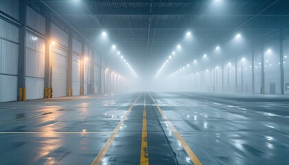 Foggy Industrial Warehouse Interior with Artificial Lighting Effect