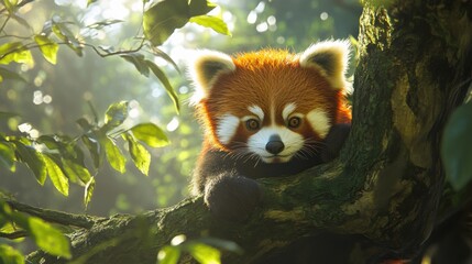 Cute Red Panda Resting on Tree Branch in Lush Green Forest with Soft Sunlight Filtering Through Leaves
