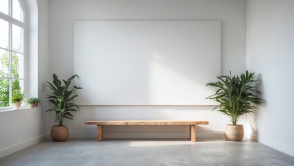 Modern minimalist interior with blank canvas and seating.