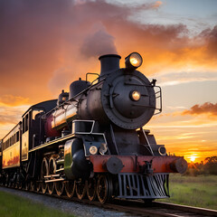 Fototapeta premium Majestic Steam Train at Sunset Historic Locomotive Journey Vintage Railroad Travel