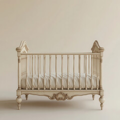Highly realistic 3D render of a soft cream-colored baby crib with vertical slats and decorative posts