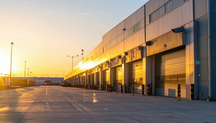 Industrial Warehouse at Sunset with Warm Light and Empty Loading Docks