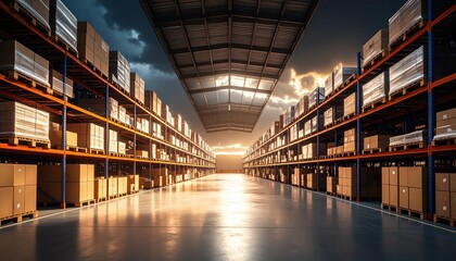 Fototapeta premium Expansive Warehouse Interior with Pallets and Boxes Under Sunset Light