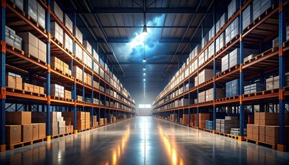 Fototapeta premium Bright and Spacious Warehouse Aisle with Rows of Storage Boxes