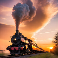 Majestic Steam Train Journey at Sunset Vintage Locomotive Traveling Through Scenic Landscape