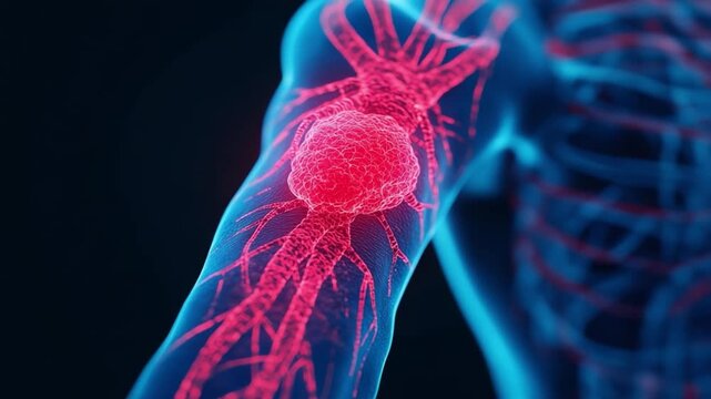 Medical of human arm with highlighted tumor lymphatic system, showing cancer cells, blood vessels, and digital visualization