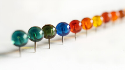 Push pins isolated on white background,collection of various pushpins on white background , multi-colored paper clips