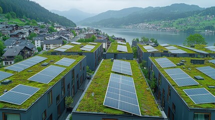 Green roofs and solar panels in an alpine town