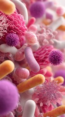 Detailed Microscopic View of Probiotics and Gut Flora in Pink and Orange Tones Close Up Medical Illustration