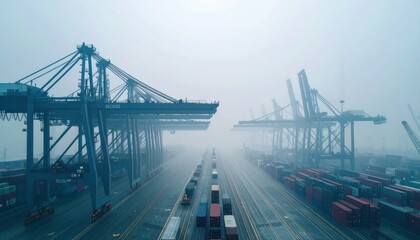 Fototapeta premium Foggy Port Scene with Cranes and Shipping Containers in the Mist