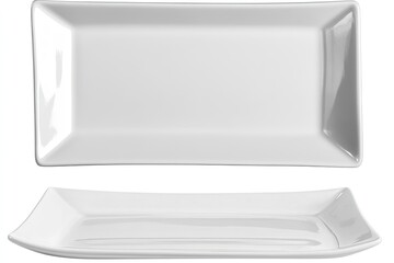 Fototapeta premium Rectangular white porcelain platter. Two views of an empty, rectangular, white serving platter. Modern, simple design
