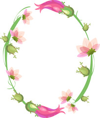 Vector frame on a separate transparent background. Wreath or frame, background with twigs, flowers and ornamental plants for the design of invitations, weddings or celebrations.